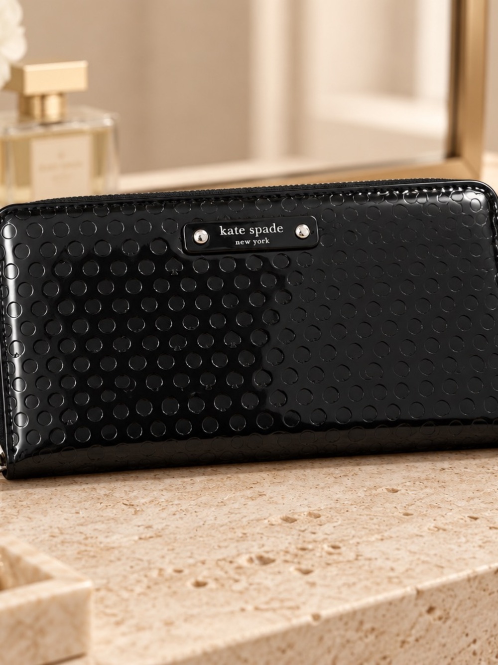 kate spade black patent dot zip-around wallet